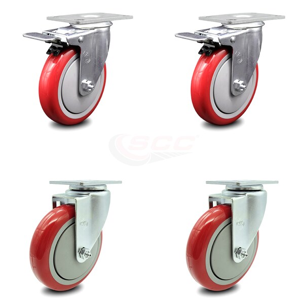 5 Inch Red Polyurethane Wheel Swivel Top Plate Caster Total Lock Brakes, 2PK